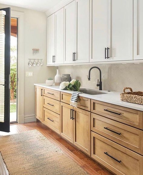 Wood Lower Cabinets White Upper, White Upper Cabinets Wood Lower, Neutral Laundry Room, White Upper Cabinets, Grey Kitchen Floor, Modern Kitchen Remodel, Warm Kitchen, Flat Panel Cabinets, Minimalist Kitchen Design