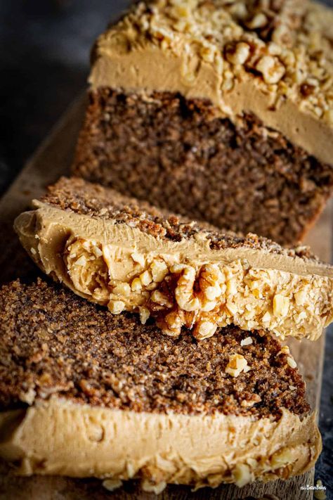 Toffee Nut Latte Cake, Loaf Cake Christmas, Walnut And Coffee Cake, Loaf Birthday Cake, Coffee Walnut Loaf, Coffee And Walnut Loaf Cake, Loaf Tin Cakes Recipes, Coffee Loaf Cake Recipes, Coffee Walnut Cake Recipe