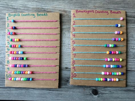 Counting Beads / Abacus / Preschool Counting Craft /  We made these today. Something so simple, but it kept us busy for a good hour. Stringing beads on yarn is hard! We figured out that dipping the ends in wax helped the girls with the yarn unraveling. Activities With Beads Preschool, Counting Craft, Diy Gifts Videos, Kids Play Furniture, Stringing Beads, Preschool Counting, Book Handmade, Maker Space, Prek Math