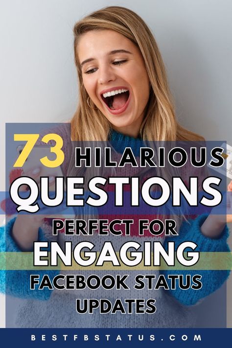 Pinterest image saying "73 Hilarious Questions Perfect for Engaging Facebook Status Updates". Questions To Ask On Facebook, Hilarious Questions, Funny Questions To Ask, Funny Facebook Posts, Engagement Questions, Facebook Status Update, Social Media Humor, Interactive Facebook Posts, Facebook Engagement Posts