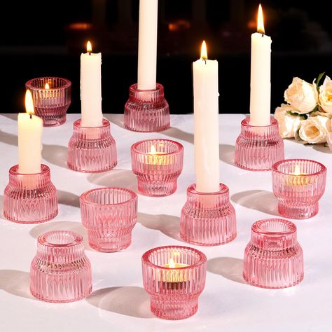 PRICES MAY VARY. Romantic Wedding Decoration: Pink votive candle holders look beautiful, the bright pink color adds romantic to your wedding, and the soft tones also make you feel your family and friends feel the warm atmosphere, making it the best choice for your wedding decoration. Pink Candlestick Holders: 12-piece taper glass candle holders serve in a dual purpose, they can hold taper or tealight candles on both sides. It fits for tealight, LED light, votive candles in the diameter of 1.5", Pink Birthday Party For Adults, Pink And White Engagement Party, Non Flower Wedding Decor, Non Floral Wedding Decor, Tapered Candles Wedding Centerpieces, Wedding Light Pink, Colorful Candle Holders, Pink Taper Candles, Taper Candles Wedding