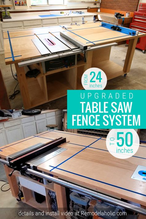 See how I upgraded from my standard 24" table saw fence to this 50" table saw fence system on my DIY table saw workbench with T-tracks. #tablesaw #rockler #workbench Diy Rip Fence For Table Saw, Tablesaw Fence Diy, Table Saw Fence Upgrade, Fence Upgrade, Table Saw Table, Delta Table Saw, Home Made Table Saw, Workbench Table, Jigsaw Table