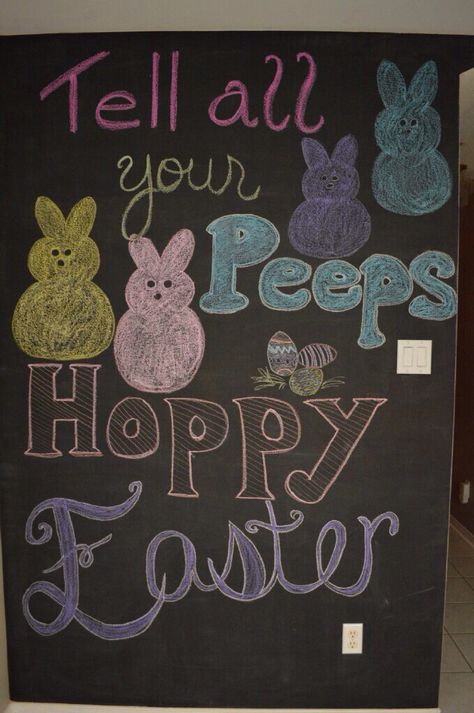 Tell all your Peeps Hoppy Easter! Peeps Chalkboard Art, Happy Easter Chalkboard Ideas, Cute Easter Chalkboard Ideas, Easter White Board Ideas, Easter Chalkboard Ideas Easy, Easy Easter Chalkboard Art, Easter Whiteboard Ideas, Easter Chalk Art, Easter Chalkboard Art