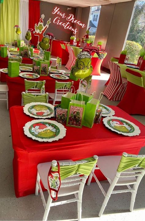 Elegant Grinch Party, Grinch Theme Table Decor, Grinch Kids Table, Grinch Tea Party, Grinch Party Table Decorations, The Grinch Centerpieces, Grinch Birthday Party Centerpieces, Grinch Party Table, Grinch Dessert Table