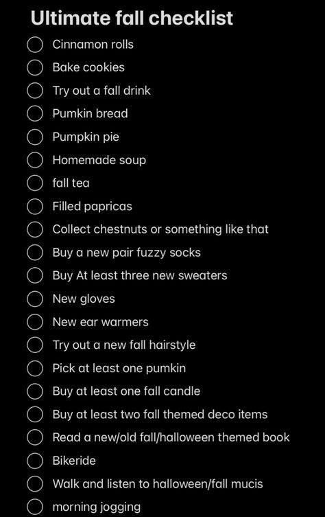 Ultimate fall checklist part 1. Part 2 coming soon. What do you think about the list. What did you just do? ❤️🌸 November Checklist, October Checklist, Fall Checklist, Cinnamon Roll Bake, Autumn Tea, Buy Candles, Fall Drinks, Fuzzy Socks, Fall Candles