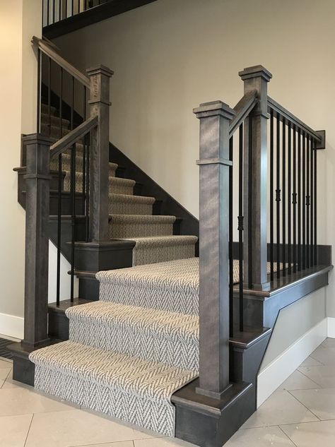 Stairs With Platform Landing, Stairs With 2 Landings, Stairs Design With Runner, Stairs And Banister Ideas, Black Painted Staircase With Runner, Painted Stairs Runner, Grey Stairs With Runner, Black Stair Railing With Carpet, Stairs With Runners And Landing