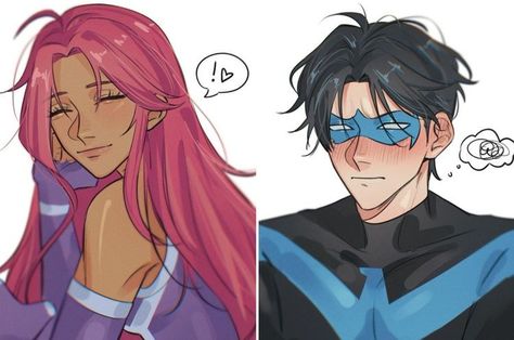 Robin X Starfire, Chibi Character Design, Nightwing Robin, Jhin League Of Legends, Kagami Kuroko, Robin Starfire, Nightwing And Starfire, Original Teen Titans, Teen Titans Fanart