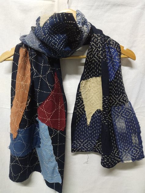 Quilted Scarf, Boro Stitching, Japanese Jacket, Patchwork Clothes, Patchwork Scarf, Scrap Fabric Crafts, Fabric Scarf, Sashiko Embroidery, Hip Style