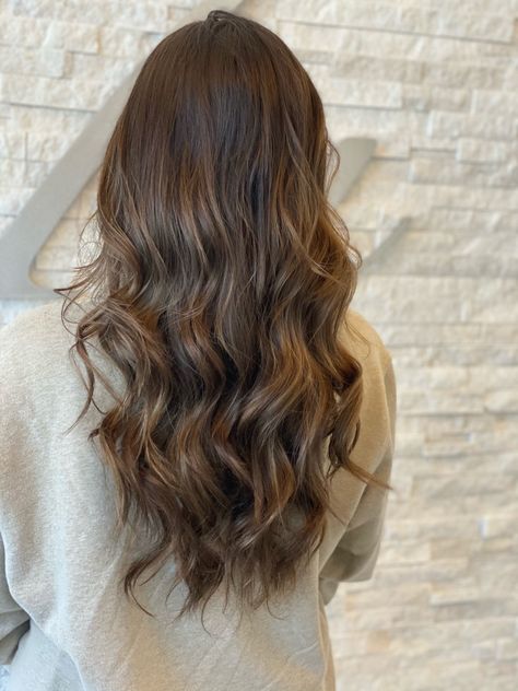 Brunette Hair Single Process, Wavy Hair Formal Medium, Wedding Hairstyles Hair Down Waves, Long Layers Curled Hair, Beach Wave Formal Hairstyles, Brown Hair Curled Medium, Loose Curled Hair Medium, Beach Waves Hair Brown, Loose Curls Thick Hair