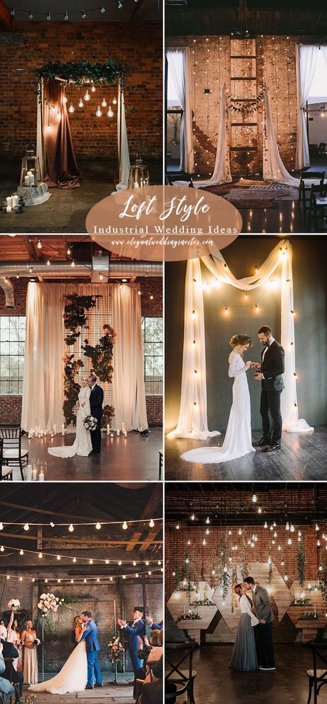 loft-style industrial wedding ceremony backdrops with romantic lights decoration Wedding Ceremony Backdrops, Wedding Ceremony Backdrop Diy, Industrial Wedding Ceremony, Romantic Lights, Wedding Backdrop Lights, Industrial Wedding Decor, Industrial Lights, Industrial Chic Wedding, Lights Decoration