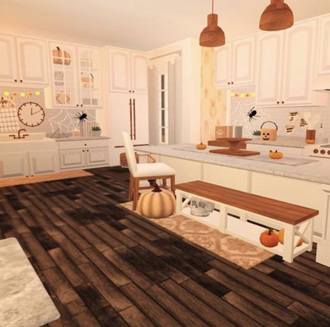 Bloxburg House Ideas Kitchen Fall, Bloxburg Kitchen Ideas Autumn, Halloween Bloxburg Houses Interior, Fall Themed Kitchen Bloxburg, Autumn Kitchen Bloxburg, Autumn Bloxburg House Interior, Bloxburg Autumn Kitchen, Bloxburg Halloween Kitchen, Fall Kitchen Bloxburg