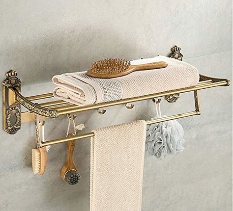 This antique metallic towel holder that will make your bathroom feel like a fancy hotel room - ₹1,999 Toallero Ideas, Brass Bathroom Accessories, Bath Towel Racks, Folding Towels, Shelf With Hooks, Towel Shelf, Towel Rod, Towel Organization, Towel Holder Bathroom