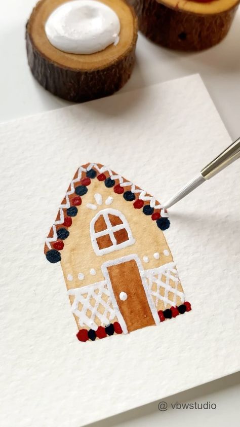 Gingerbread House Watercolor Painting, Watercolour Gingerbread House, Christmas Drawing House, Gingerbread House Painting On Canvas, Gingerbread House Watercolor, Watercolor Gingerbread House, Watercolor Paintings Winter, Christmas Mug Painting, Christmas House Painting