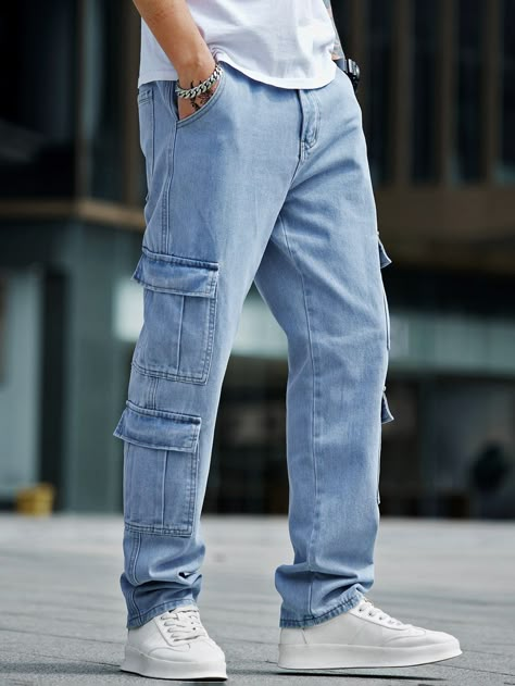 Light Wash    Denim Plain Straight Leg Embellished Non-Stretch  Men Denim Denim Cargo Pants Outfit, Flap Pocket Cargo Jeans, Jeans Pants Outfit, Latest African Men Fashion, Pants Outfit Men, Denim Cargo Pants, Men Fashion Casual Shirts, Cargo Pants Outfit, Outfits Streetwear