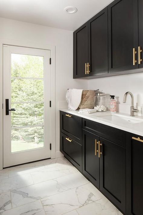 Shaker Laundry, Black And White Laundry Room, Transitional Closet, Slab Backsplash, Gold Pulls, Nickel Faucet, Pantry Cabinets, White Laundry, Laundry Room Renovation