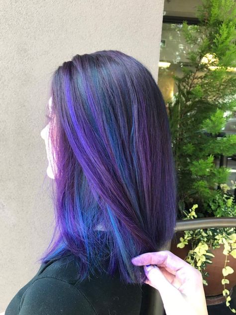 Blue And Purple Bayalage Hair, Purple And Blue Highlights In Brown Hair, Blue And Purple Balayage, Blue Purple Balayage, Blue Bayalage Hair, Two Tone Purple Hair, Dark Blue And Purple Hair, Purple Blue Highlights, Blue And Violet Hair