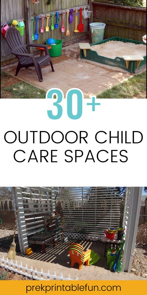 Outdoor Play Area Small Space, Diy Outside Kids Play Area, Under Tree Play Area, Outdoor Set Up Childcare Play Areas, Kids Outdoor Play Area Ideas Small, Deck Play Area For Kids, Outdoor Toddler Play Area Backyard Ideas, Outdoor Daycare Ideas, Diy Outdoor Toddler Play Area