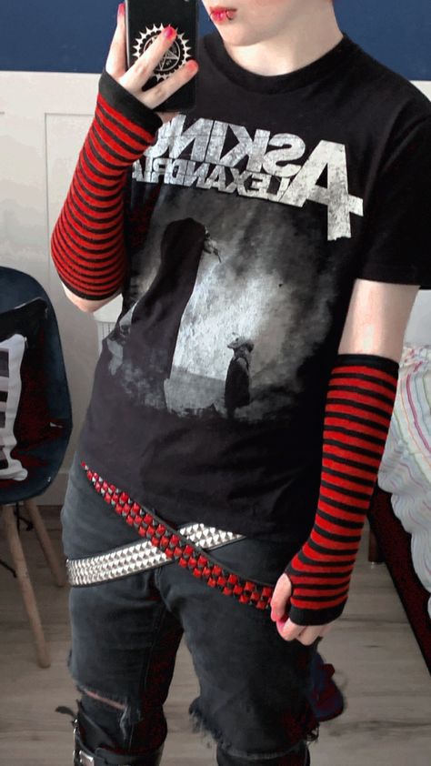 Scenecore Outfits Male, Red Emo Outfits, Emo Belts, Red And Black Emo, Emo Guy Outfits, Emo Gloves, Emo Outfits Men, Goth Boy Outfits, Punk Aesthetic Outfit