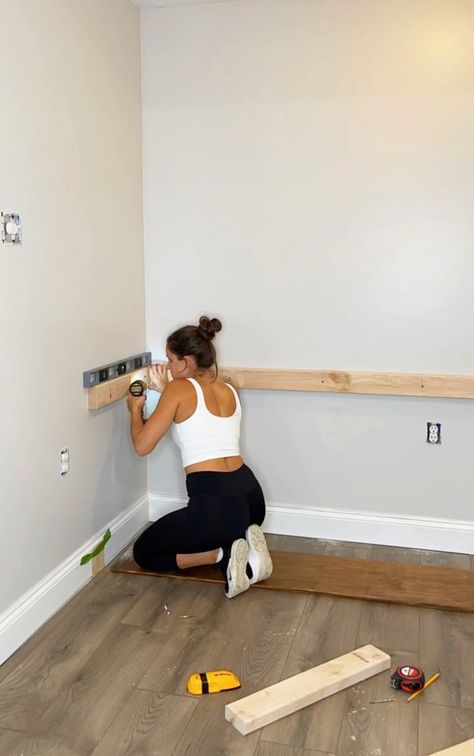 DIY Floating Desk - Well She Tried Home Office Wall To Wall Desk, Floating Desk Small Space, Desk Area In Hallway, Diy Office Desk Built In, Computer Desk Shelf Ideas, Floating Desks For Office, Floating Desk Home Office, Office Desk On Wall, Shared Gaming Desk