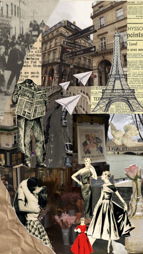 France Culture Aesthetic, High Fashion Collage, Art History Collage, Paris Collage Aesthetic, City Collage Architecture, Historical Collage, Europe Collage, France Aesthetic Vintage, Newspaper Collage Art