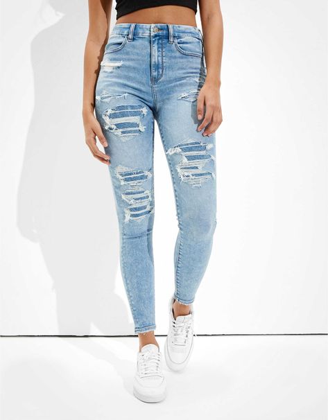 AE Forever Soft Patched Super High-Waisted Jegging Jeans Outfit Women, Ae Jeans, Mens Outfitters, School Outfits, Ripped Jean, Jean Outfits, High Waist Jeans, Jeggings, Stretch Denim