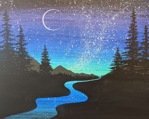 Beautiful Night Sky, Night Sky Painting, Cute Canvas Paintings, Easy Canvas Art, Easy Canvas Painting, Acrylic Painting For Beginners, Sky Painting, Acrylic Painting Tutorials, Beautiful Night