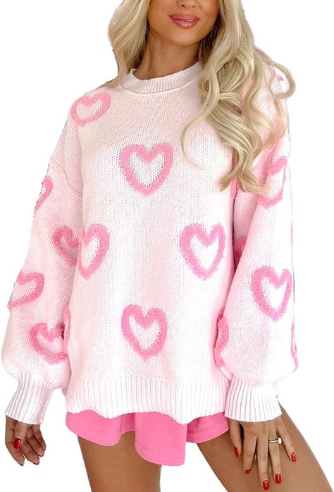 Women's Cute Heart Sweater Love Print Valentines Day Knitted Top Casual Crewneck Long Sleeve Sweaters Pullover (Adorable Pink, M) at Amazon Women’s Clothing store Baggy Sweaters, Sequined Sweatshirt, Sparkly Sweater, Love Graphic, Heart Sweatshirt, Valentine Print, Heart Sweater, Valentine T Shirts, Top Streetwear