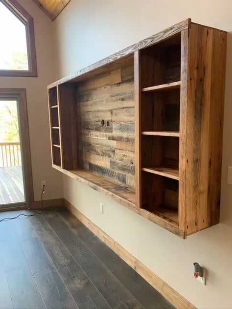 Entertainment Center Under Mounted Tv, Tv Entertainment Wall Rustic, Hanging Tv Entertainment Center, Reclaimed Wood Entertainment Center, Floating Wall Entertainment Center, Pallet Wood Entertainment Center, Wood Wall Tv Mount, Rustic Entertainment Center Diy, Entainment Centers Ideas Tv Stands