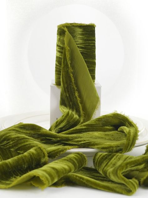 PRICES MAY VARY. Velvet Ribbon Color: Hand dyed in olive green color, soft and with shiny lustrous surface, adding a touch of elegance and luxurious to your gifts, decorating projects and crafts Fringe Velvet Ribbon Size: Ribbon measures 3" wide and continuous 3 yards(9ft) long per roll, ribbons are packed in a paper box, easy to store and use Hand-Torn Frayed Edges: Handmade with silk velvet material, the hand-torn frayed edges give the ribbon a rustic, chic look, the crinkled finish adds an ex Velvet Ribbon Wedding, Flower Bouquet Gift, Green Velvet Ribbon, Olive Green Velvet, Christmas Wedding Decorations, Velvet Fringe, Gala Ideas, Gift Wrap Ribbon, Bouquet Gift