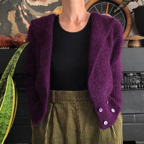 Purple Cardigan Outfits, Dark Purple Cardigan, Purple Academia, Purple Cardigan, Mohair Cardigan, Knit Cardigan Sweater, Cardigan Outfits, Kit Kat, 1920s Fashion