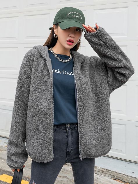 Gray Jacket Outfit, Grey Jacket Outfit, Women Jackets, Grey Outfit, Jacket Outfit, Teddy Jacket, Sweater Grey, Hooded Sweater, Gray Jacket