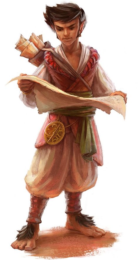 Halfling explorer, dark hair, baggy pants, map case on back, examining a map in hands. Dark Sun, Pathfinder Character, Heroic Fantasy, Pathfinder Rpg, Fantasy Races, Dungeons And Dragons Characters, Brown Art, Wow Art, Fantasy Rpg