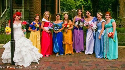 Disney Princesses bridal party Disney Princess Themed Wedding, Ariel Wedding, Disney Princess Wedding, Disney Inspired Wedding, Disney Wedding Theme, Disney Fairy Tale Weddings, Princess Bride, Disney Theme, Fairy Tale Wedding