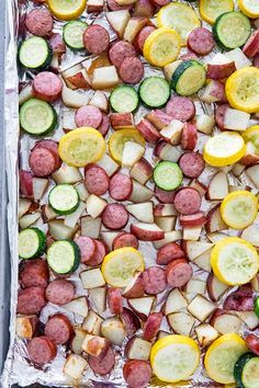 Sheet Pan Sausage And Potatoes, One Pan Sausage, Potatoes And Zucchini, Kielbasa And Potatoes, Pan Sausage, Sheet Pan Sausage, The Salty Marshmallow, Salty Marshmallow, Sausage And Potatoes