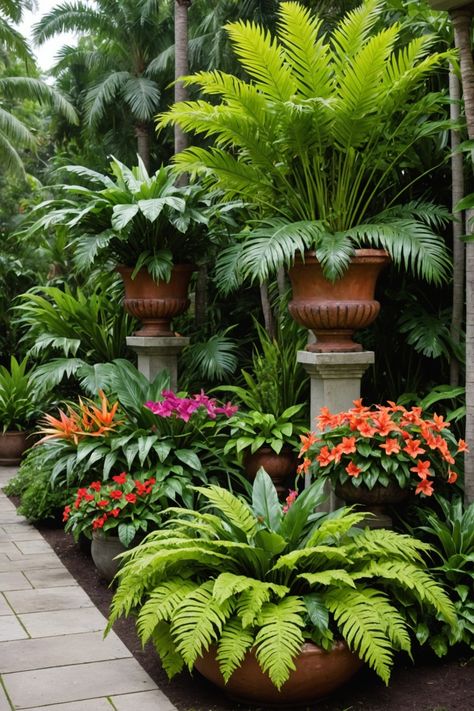 20 Front Yard Tropical Garden Design Ideas - Toolz Geek Front Yard Landscaping Potted Plants, Mediterranean Potted Garden, Tropical Courtyard Garden Ideas, Gazebo Front Yard, Tropical Fence Landscaping, Tropical Plant Landscaping, Front House Plants Ideas, Florida Garden Design, Tropical Rock Garden