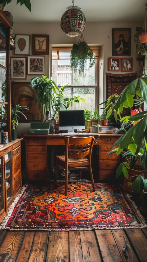 Cozy Bohemian Office, Dream Home Office Cozy, Cozy Space Aesthetic, Cottage Core Office Ideas, Vintage Plant Room, Cozy Writing Spaces, Cosy Office Space, Work From Home Desk Setup Small Space, Cozy Boho Office