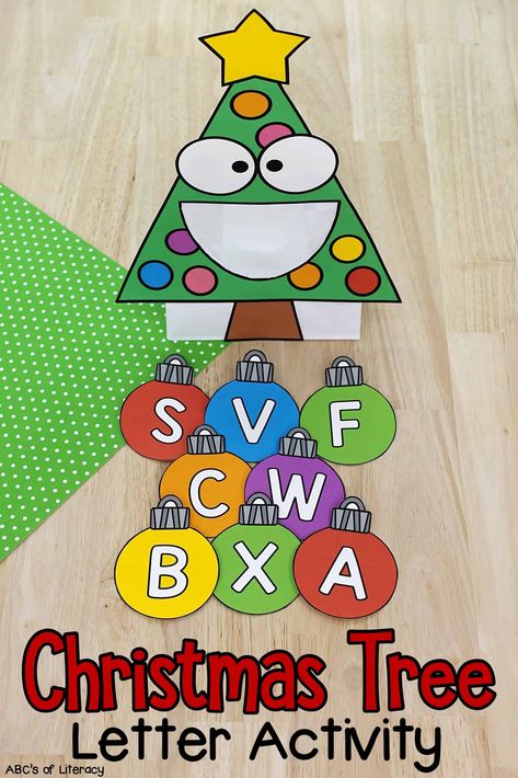 Christmas Tree Ideas Preschool, Christmas Abc Activities, Christmas Abc Free Printable, Christmas Tree Writing Activity, Christmas Crafts Special Education, Abc Christmas Tree, Christmas Phonics Kindergarten, Christmas Tree Craft Preschool, Christmas Name Activities Preschool