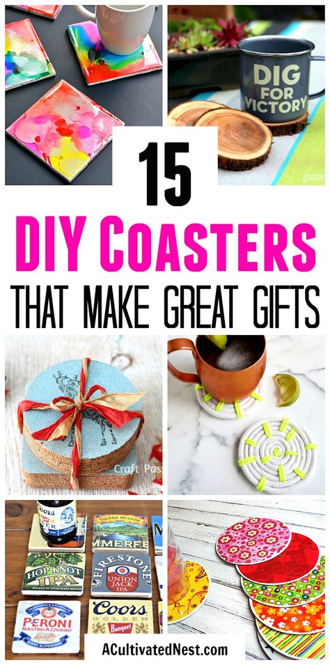 15 DIY Coasters- Want a simple homemade gift idea? Why not give a set of fun DIY coasters! Check out these 15 awesome DIY coaster ideas! | how to make your own coasters, Father's Day gift ideas, Mother's Day gift ideas, Teacher Appreciation Day gift ideas, #diy #homemadeGift #craft #diyGift #coasters Upcycling, Craft Coasters, Homemade Coasters, Coasters Diy, Diy Gifts To Make, Men's Gifts, Coaster Crafts, Diy Gifts For Mom, Colorful Outfits