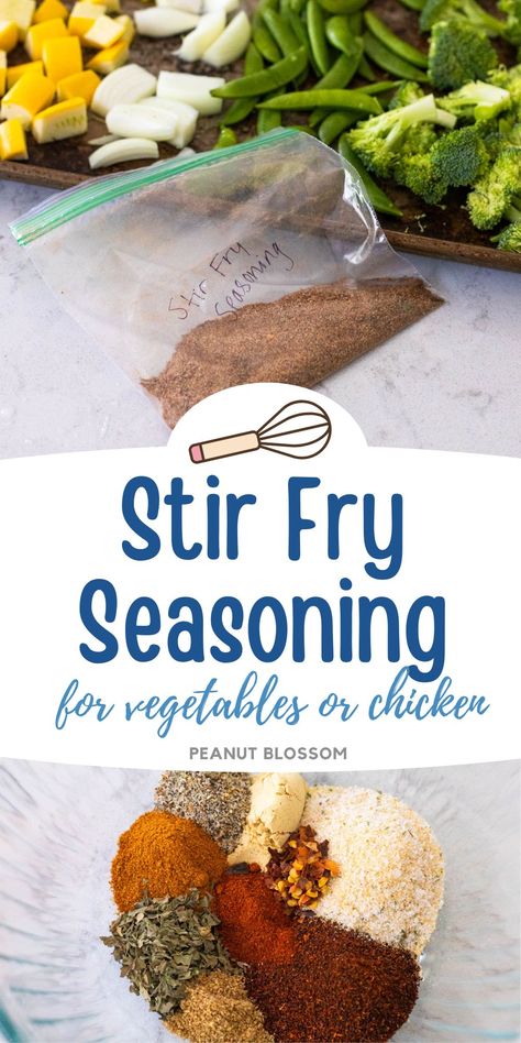 Learn how to make an easy homemade stir fry seasoning blend for your pantry using spices you probably already have on hand. Sprinkle it over a pan of roasted veggies, chopped up chicken, steak, or shrimp. This adds tons of flavor in a pinch. Stir Fry Chicken Seasoning, Chicken Stir Fry Seasoning, Stir Fry Seasoning Dry, Stir Fry Spices, Seasoning For Chicken, Stir Fry Seasoning, Fried Chicken Seasoning, Fry Seasoning, Homemade Stir Fry