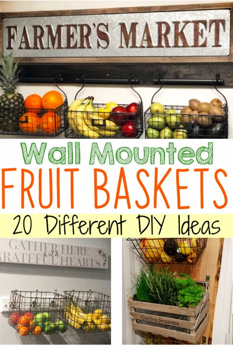 wall mounted fruit basket DIY ideas, PICTURES and tutorial to make a wall mounted fruit and vegetable basket for your kitchen wall Diy Hanging Fruit Basket, Diy Vegetable Storage, Fruit Baskets Diy, Basket On Wall, Pictures For Kitchen Walls, Wall Storage Diy, Hanging Fruit Basket, Fruit Diy, Wallpaper Minimal