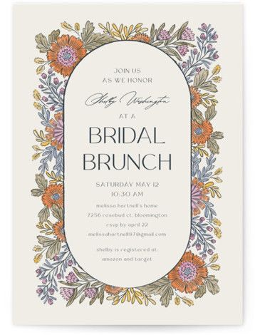 A beautiful hand illustrated floral border surrounds your shower details Bridal Shower Brunch Invitations, Pink Bridal Shower Invitations, Fall Bridal Shower Invites, Bridal Shower Inspo, Wedding Table Designs, Spring Bridal Shower, Bridal Shower Inspiration, Bridal Shower Diy, Boho Bridal Shower