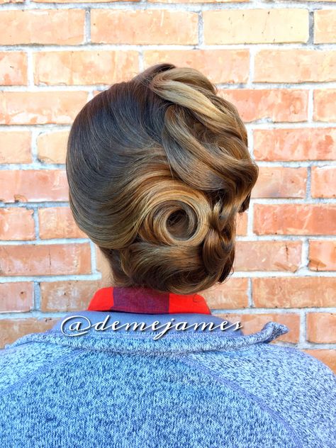 Created this #updo for her Roaring 20's #theme #birthday #party!! #demejames #hairstylist #hairstyle #style #updo #beauty #glam #20s #20shair #flapper #pretty #fashion #DemetriaJames Old Fashioned Updos, Vintage Formal Hairstyles, 1920s Long Hairstyles, Old Hollywood Hair Updo, Decade Hairstyles, 1920s Updo, Roaring 20s Hairstyles For Long Hair, Old Hollywood Updo, Roaring 20s Hair