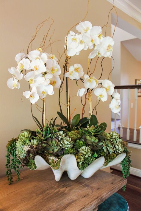 Tropic-Life Plants Green Orchid Arrangement, Large Orchid Centerpiece, Orchid On Kitchen Island, Glam Plant Decor, Classic Floral Arrangements, Orchid Table Arrangements, Large Orchid Arrangement, Large Floral Arrangements Home, Floral Arrangements With Orchids