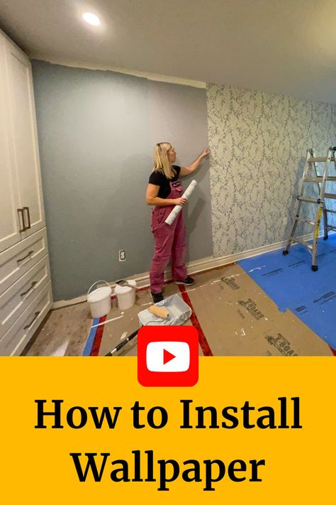 The words "How to Install Wallpaper" sit below a photo of a woman pointing to blue feature wall wallpaper in a bedroom surrounded by a ladder, wallpaper paste and tools. Wallpaper Tips And Tricks, Installing Wallpaper, Wallpaper Repair, How To Wallpaper, Hang Wallpaper, Install Wallpaper, Wallpaper Installation, Wallpaper Video, How To Hang Wallpaper