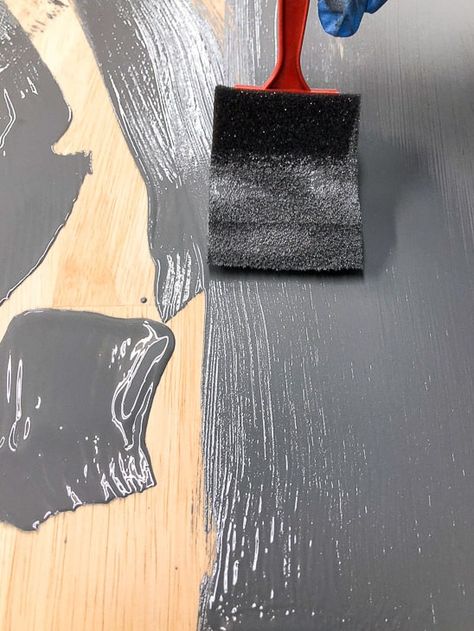 Brush the globs of grey wood stain over the surface of the table. Grey Stained Wood Table, Gray Gel Stain, Gray Wash Furniture, Gray Wood Stain, Grey Wood Stain, Chalk Paint Kitchen Table, Grey Wood Furniture, Grey Kitchen Table, Painted Kitchen Tables