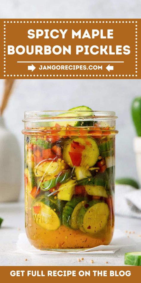 Looking for a tasty snack? Try this Spicy Maple Bourbon Pickles Recipe! #SpicyMapleBourbonPickles #Recipe Spicy Garlic Pickles Recipe, Water Bath Pickle Recipe, Bubbies Pickles Recipe, Best Pickles Recipe, Maple Bourbon Pickles Recipe, Different Pickle Flavors, Pickled Recipes Homemade, Pickled Jalapenos Refrigerator, Spicy Pickles Canning Recipes