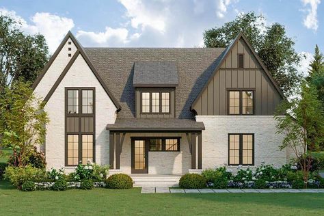 Tudor Style Homes Plans, Modern Tudor House Plans, Tudor Design, Tudor House Plans, Modern Tudor, Communal Living, Tudor Cottage, Shed Dormer, Bathroom Floor Plans