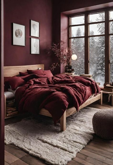 Bordeaux Bedroom Ideas, Wine Colored Bedroom Walls, Dusty Red Bedroom, Deep Red Bedroom Walls, Romantic Bed Aesthetic, Dark Red Accent Wall Bedroom, Burgundy Apartment Decor, Mauve And Burgundy Bedroom, Red And Grey Room Ideas