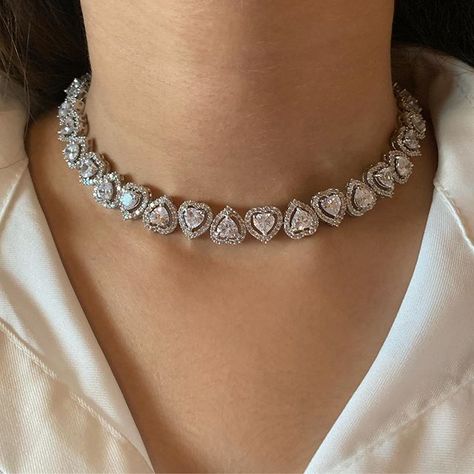 Victorian Choker Necklace, Heart Shaped Diamond Necklace, Victorian Choker, Kundan Jewellery Bridal, Kundan Jewellery Set, American Diamond Jewellery, American Diamond Necklaces, Diamond Necklace Designs, Bridal Necklace Set