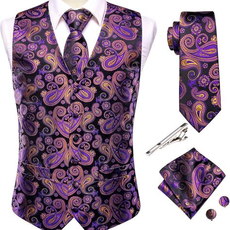 New With Tags Black, Purple, And Gold Paisley Jacquard Vest Set. From The Maker: Exquisite Craftsmanship: Delicate Stitching Provides The Suit Vest A Premium Look. Classic V Neck , 2 Pockets For Accessories Take, 6 Formal Button Front, There Is An Adjustment Belt In The Back To Take In Or Let Out. This Mens Vests Dress Is Suitable For Your Shirt, Jacket, Suit Or Tuxedo. Material: This Dress Suit Vest Set Is Made Of High-Quality Soft Satin Fabrics, Lightweight And Smooth, Plus 2000 Stitches Jacqu Mens Wedding Vest, Dress Suit Vest, Wedding Vest, Blue Coral, Tie Set, Suit Vest, Necktie, Cufflinks, Paisley